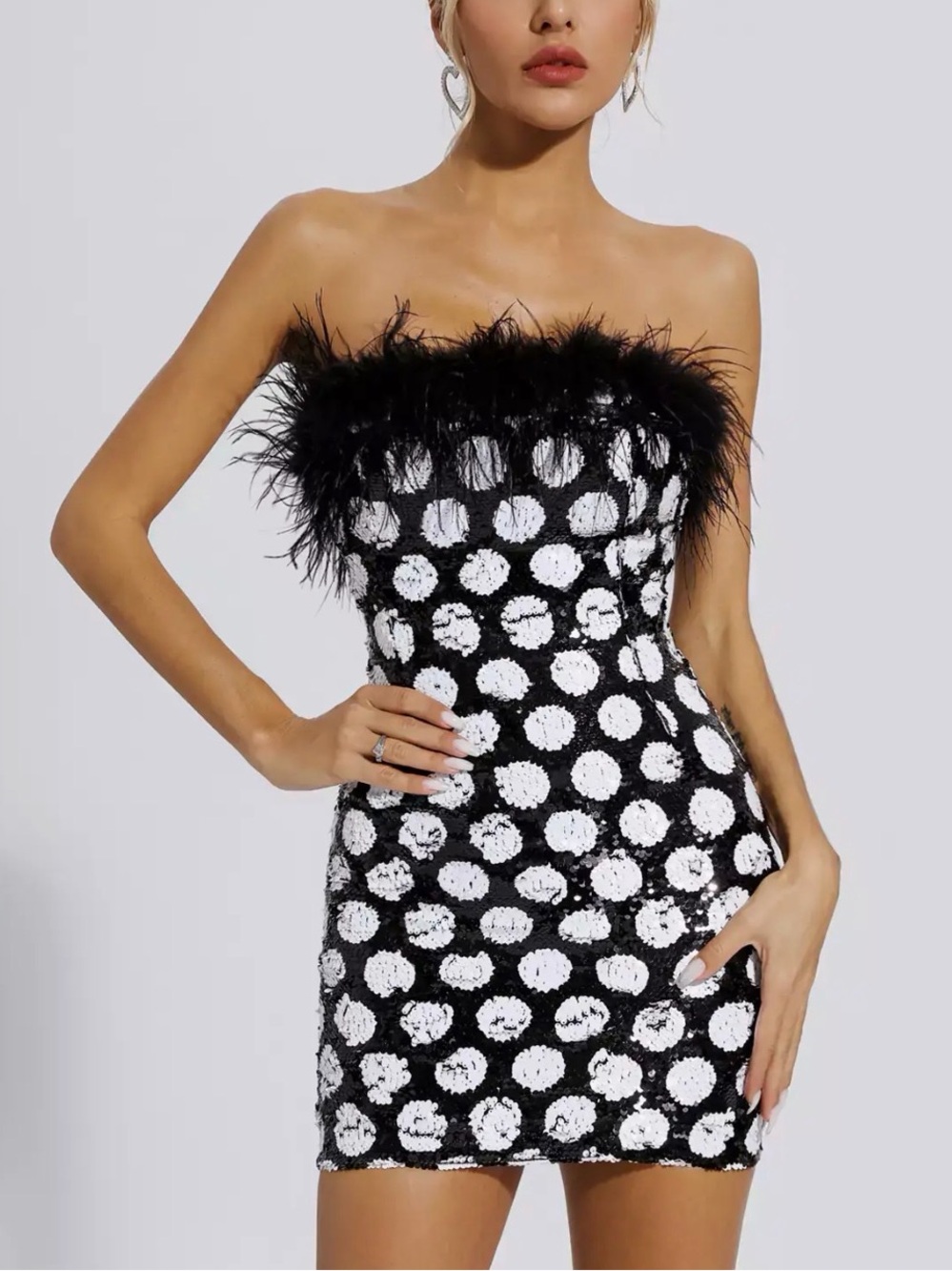 CatchAll Strapless Black & White Polka Dot Sequin Mini Dress